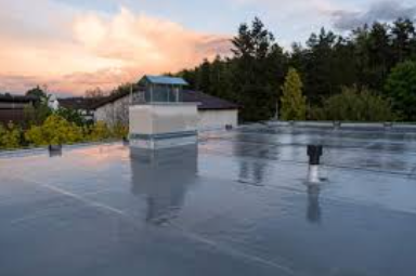 Flat_roof_of_a_building_with_standing_water_puddles_at_dusk,_surrounded_by_trees_under_a_cloudy_sky.

